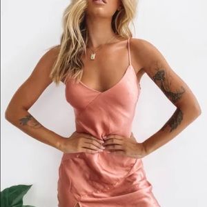 Beginning Boutique Between Us Mini Satin Dress Rust